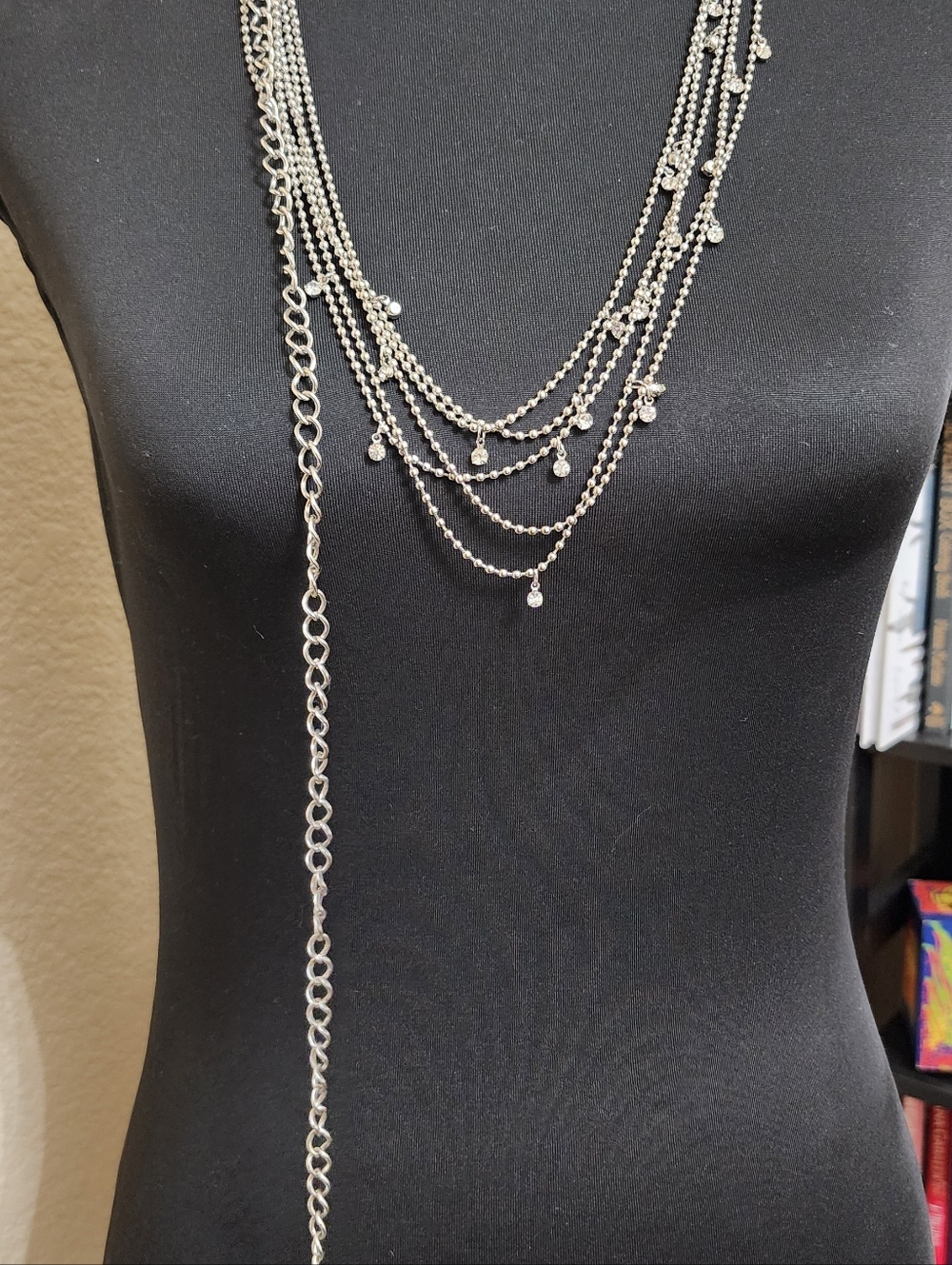 Multi-Layer Silver Ball Chain Rhinestone Dangle Necklace - Picture 4 of 6